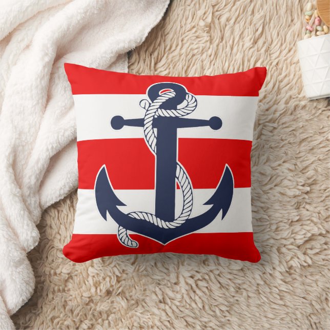 Coussin Ancre Bleu foncé Chic Nautique Rouge rayures Motif (Couverture)