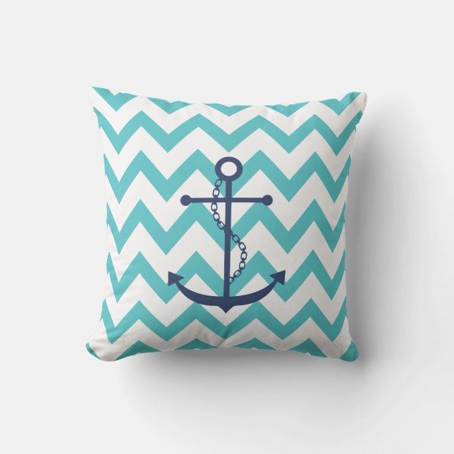Coussin Ancre bleu marine avec Motif Aqua Chevron (Recto)