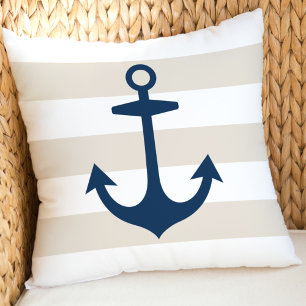 Coussin Ancre Bleue Marine Nautique avec rayures Beige