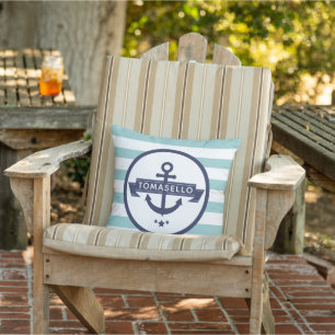 Coussin Ancre bleue marine Nom de famille Aqua Stripes
