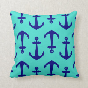 Coussin Ancre Bleue Marine Sur Décor Côtier Turquoise