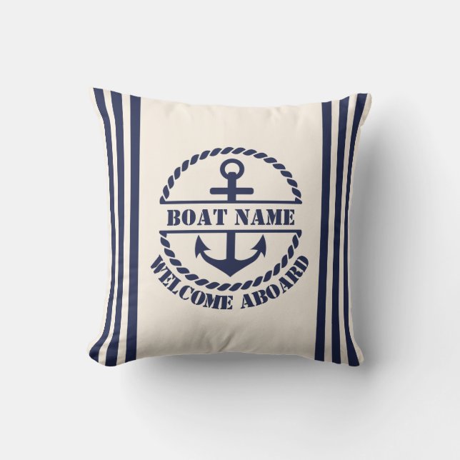 Coussin Ancre Bleue Nautique Nom du bateau personnalisé Je (Recto)