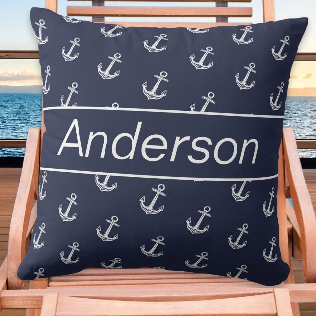 Coussin Ancre côtière marine personnalisée Bleu blanc (Créateur téléchargé)