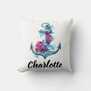 Coussin Ancre d'aquarelle florale marine personnalisée