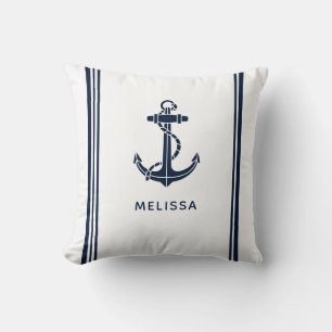Coussin Ancre de bateau bleu marine nautique personnalisée