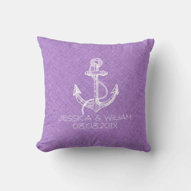 Coussin Ancre de bateau nautique blanc Lin violet Imprimer (Recto)