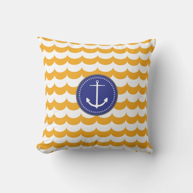 Coussin Ancre de bleu et de jaune avec le motif de vagues (Recto)