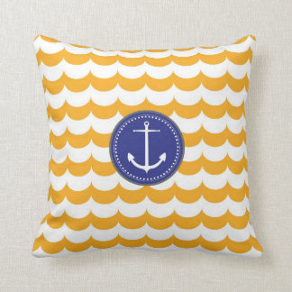 Coussin Ancre de bleu et de jaune avec le motif de vagues