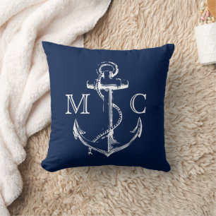 Coussin Ancre de croquis blanc marine Monogramme nautique