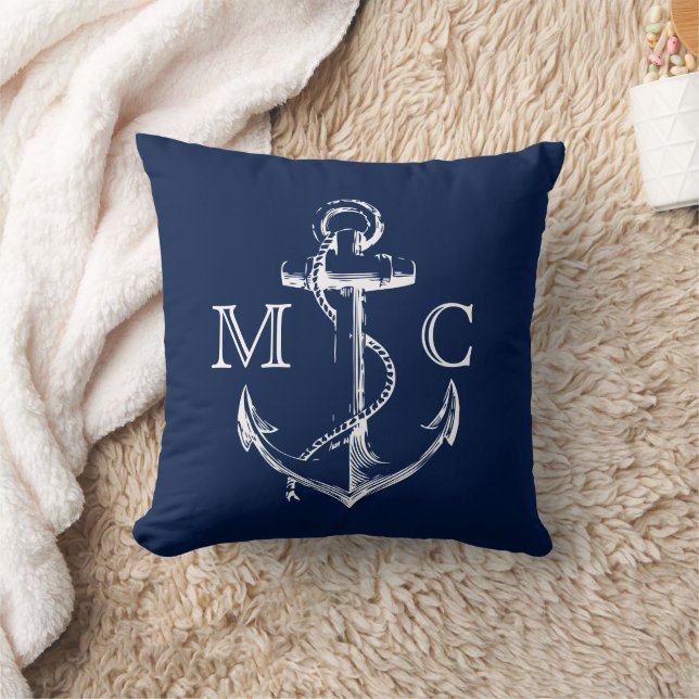 Coussin Ancre de croquis blanc marine Monogramme nautique  (Couverture)