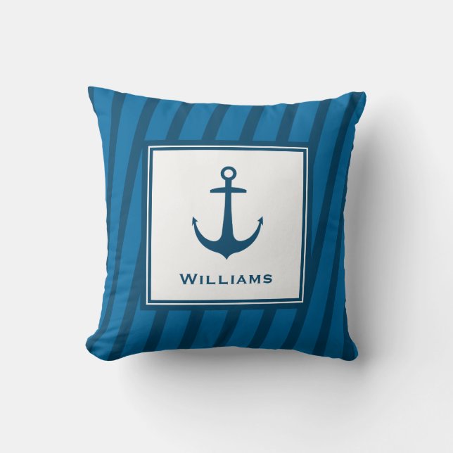 Coussin Ancre de dernier nom nautique rayée marine moderne (Recto)