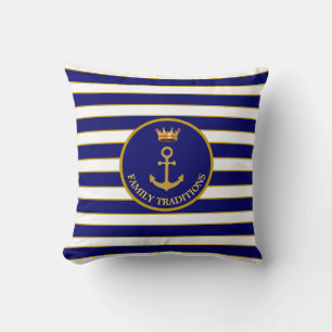 Coussin Ancre de famille et couronne sur fond rayé bleu ma