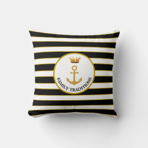 Coussin Ancre de famille et couronne sur rayures noires et