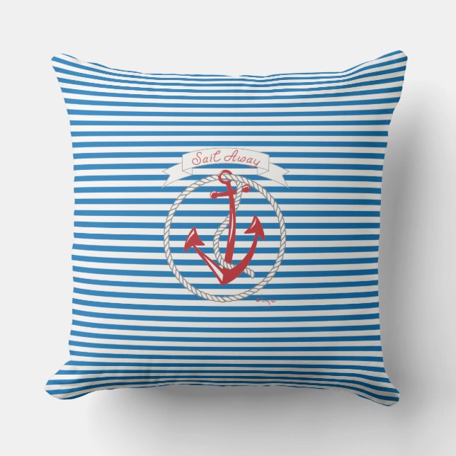 Coussin Ancre de la marine, Rouge, corde, Bleu Rayures Jet (Recto)