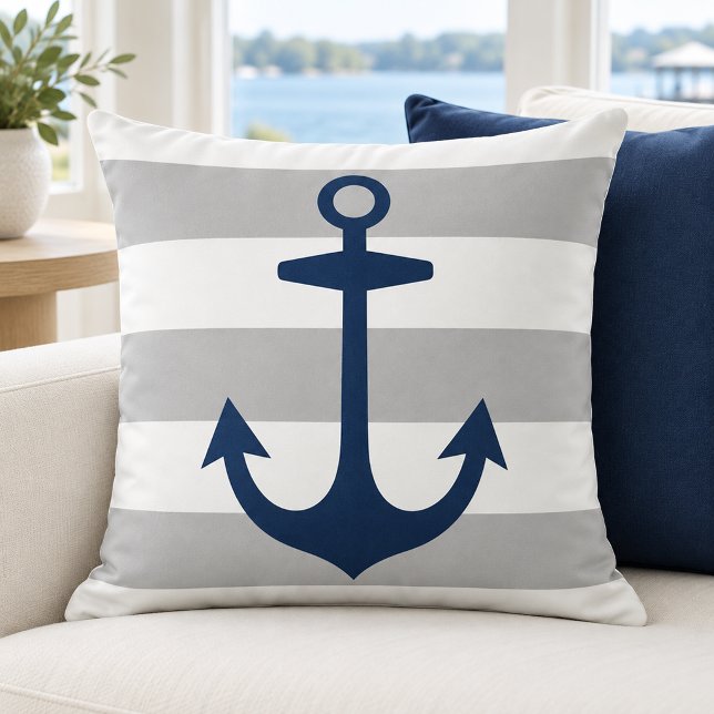 Coussin Ancre de marine grise et blanche rayée (Créateur téléchargé)