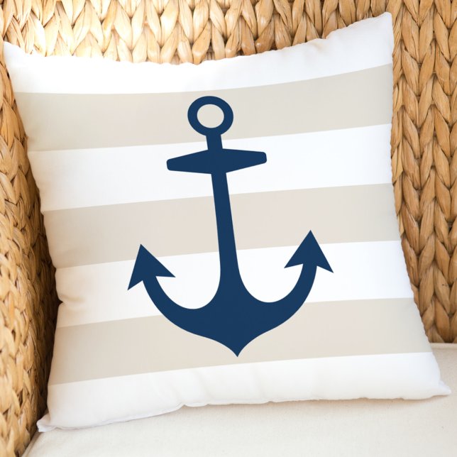 Coussin Ancre de marine nautique bronzée blanche rayée (Créateur téléchargé)