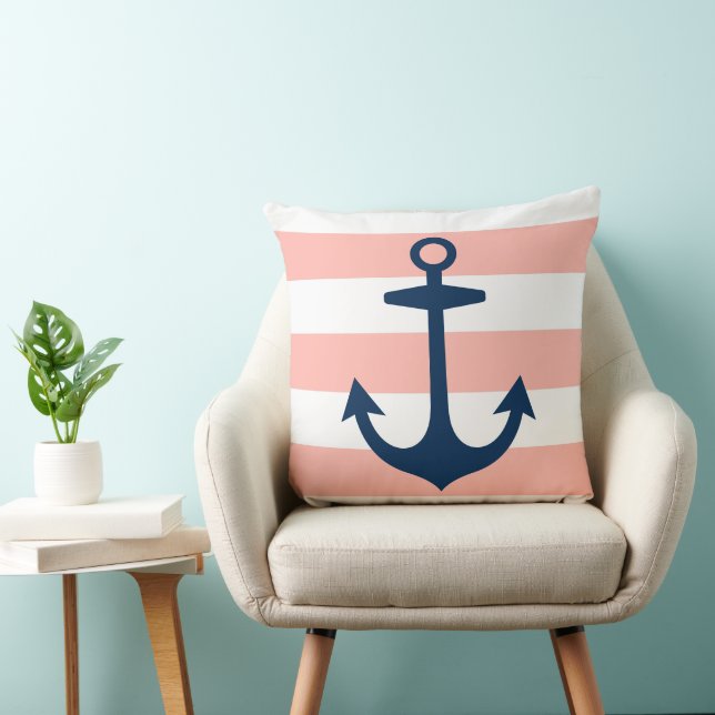 Coussin Ancre de marine nautique corail blanc rayure (Chaise)