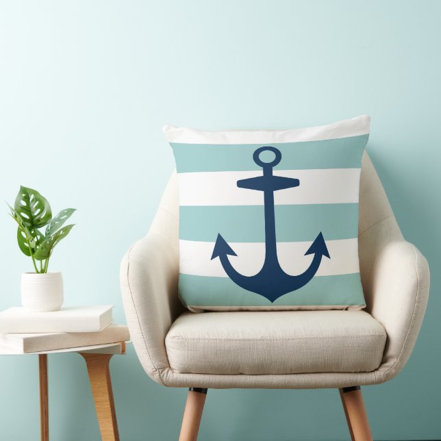 Coussin Ancre de marine nautique rayure blanche Seafoam (Chaise)