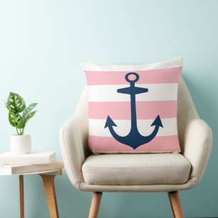 Coussin Ancre de marine nautique rose rayure blanche