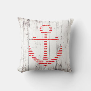 Coussin Ancre de marine Rouge Blanc Bois Rustique Côté mer