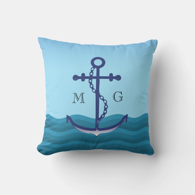 Coussin Ancre de navire nautique avec double monogramme (Recto)