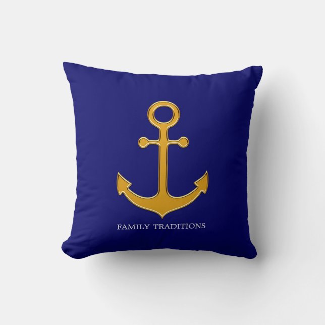 Coussin Ancre d'or de la famille nautique sur bleu marine (Recto)