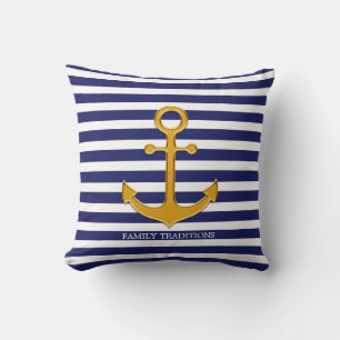 Coussin Ancre d'or nautique sur Bleu & Blanc rayé