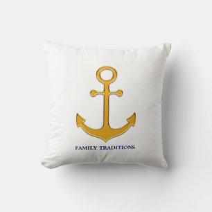 Coussin Ancre dorée de la famille nautique sur blanc