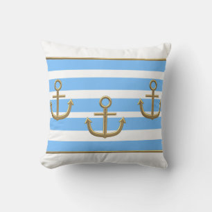 Coussin ancre dorée fond bleu blanc