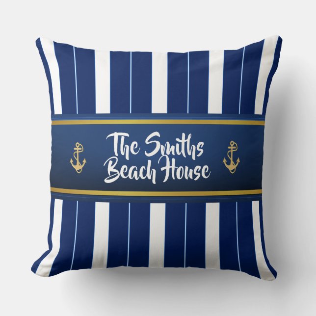 Coussin Ancre dorée sur Bleu Bleu Bleu Nautique (Recto)