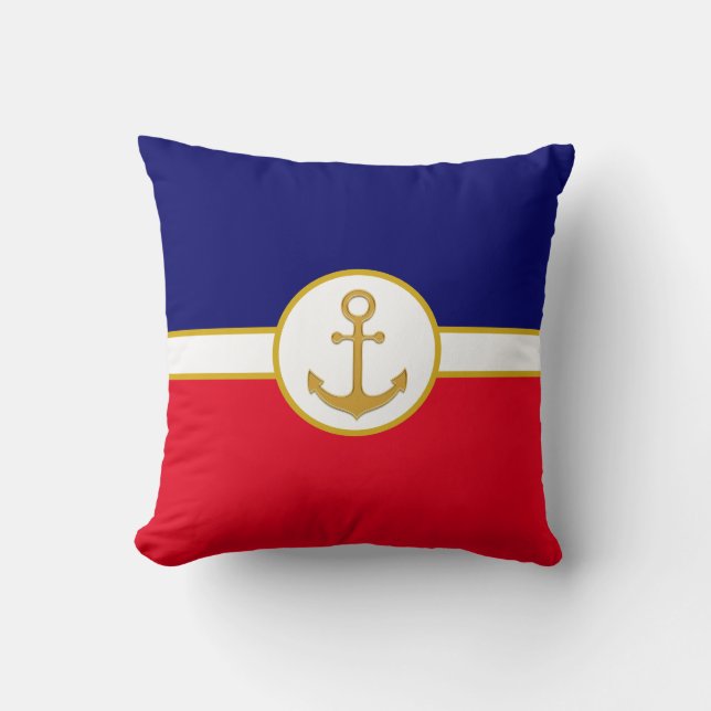 Coussin Ancre dorée sur fond bleu marine, rouge et blanc (Recto)