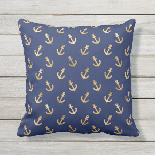 Coussin Ancre en feuille d'or motif marine bleu