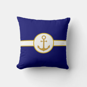 Coussin Ancre en or nautique sur bleu et blanc marine