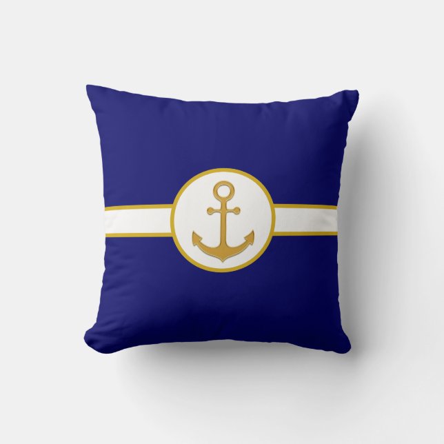 Coussin Ancre en or nautique sur bleu et blanc marine (Recto)
