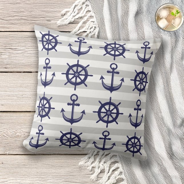 Coussin Ancre et barre grise rayée nautique (Créateur téléchargé)