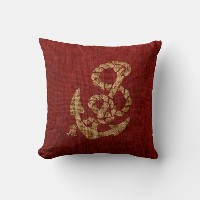 Coussin Ancre et corde nautiques en rouge rustique (Recto)