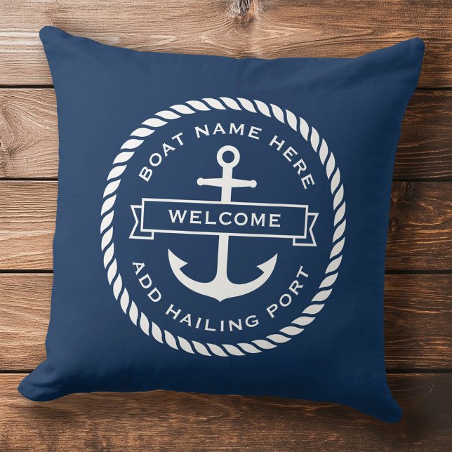 Coussin Ancre et corde nom du bateau hailing port accueil (Anchor and rope boat name hailing port welcome throw pillow)