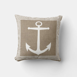 Coussin Ancre et toile de jute blanches nautiques de Faux
