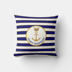 Coussin Ancre familiale et couronne sur marine Bleu & Blan