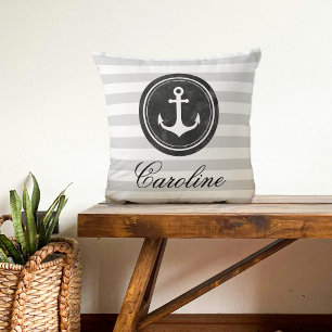 Coussin Ancre Gris Nautique, Noir, Blancs