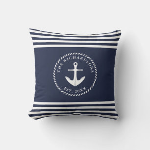 Coussin Ancre Marine Bleu et blanc rayé style côtier