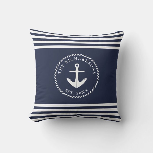 Coussin Ancre Marine Bleu et blanc rayé style côtier (Recto)