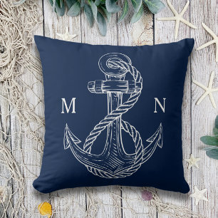 Coussin Ancre marine Bleu Nautique Monogramme extérieur