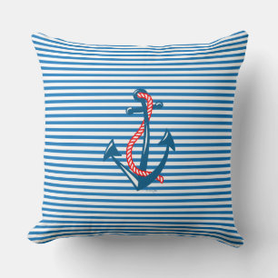 Coussin Ancre marine, corde rouge et bandes bleues