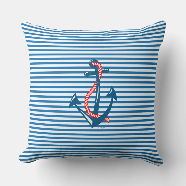 Coussin Ancre marine, corde rouge et bandes bleues (Recto)