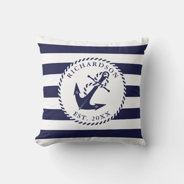 Coussin Ancre marine Famille Bleu et Blanc Stripes (Recto)