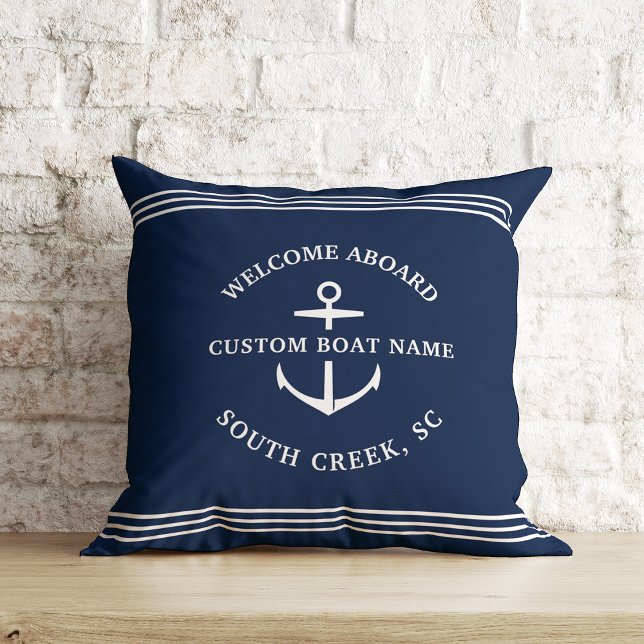 Coussin Ancre moderne Nautical Custom Boat Name Bienvenue (Welcome aboard! )