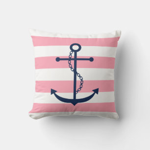 Coussin Ancre Motif Bleu Blanc et Grandes Rose