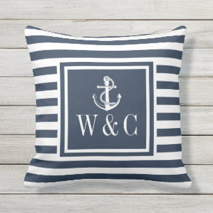 Coussin Ancre nautique à rayures bleues de la marine Monog