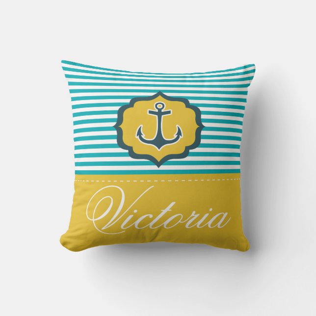 Coussin Ancre Nautique Aqua Blue Yellow Stripes Personnali (Recto)